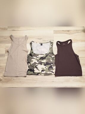 Casual Women's Cropped Tanks— Camo, Taupe, and Brown Bundle Size S, M, M